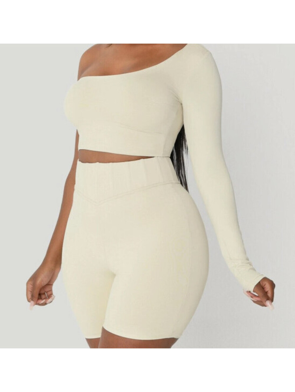 MESHKI Chaya High Waisted Boned Bike Shorts XS Sand Beige NWT